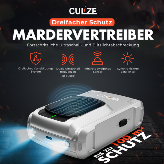 CULiZE Ultraschall Marderschreck 3-fach System mit Gewöhnungsschutz für bis zu 100m². Marderabwehr mit Bewegungsmelder & Dreifach-Abwehr. Marderschutz für Fahrzeug, Dachboden, Zuhause, Garage, Keller, Gartenhaus