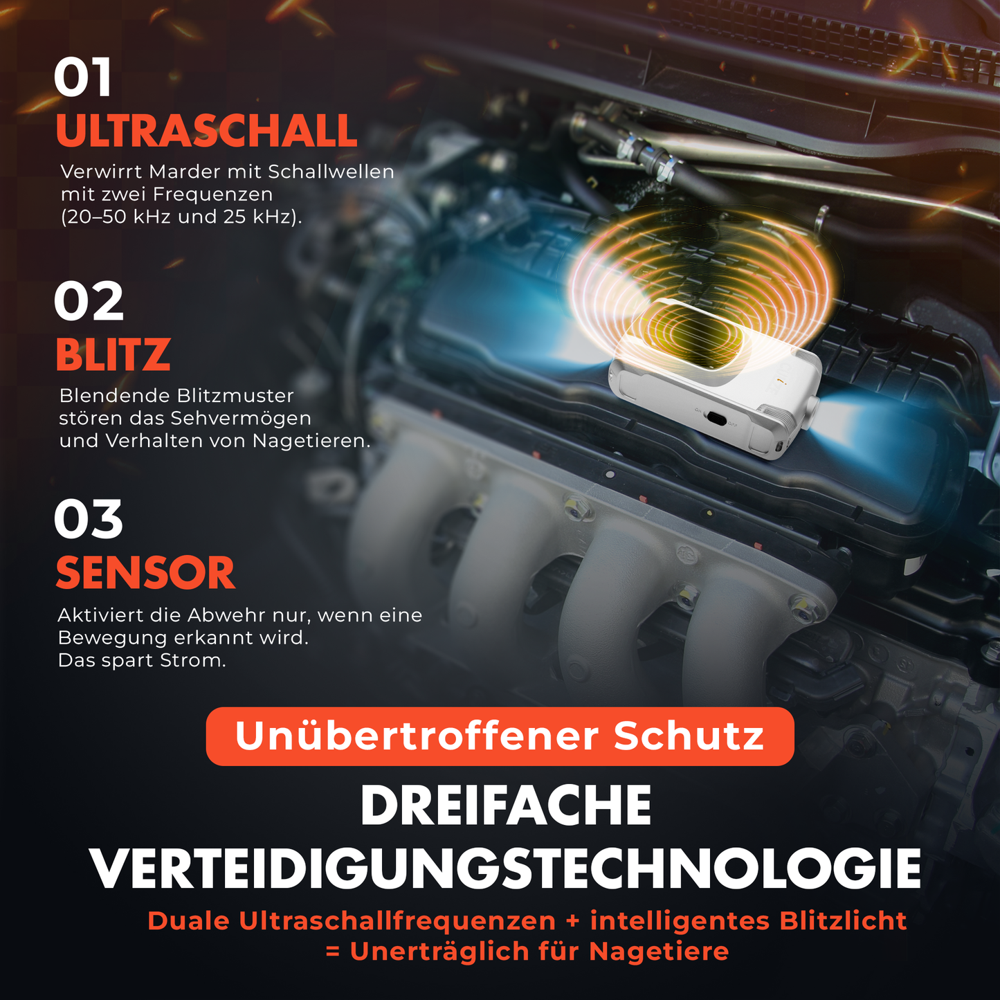 CULiZE Ultraschall Marderschreck 3-fach System mit Gewöhnungsschutz für bis zu 100m². Marderabwehr mit Bewegungsmelder & Dreifach-Abwehr. Marderschutz für Fahrzeug, Dachboden, Zuhause, Garage, Keller, Gartenhaus