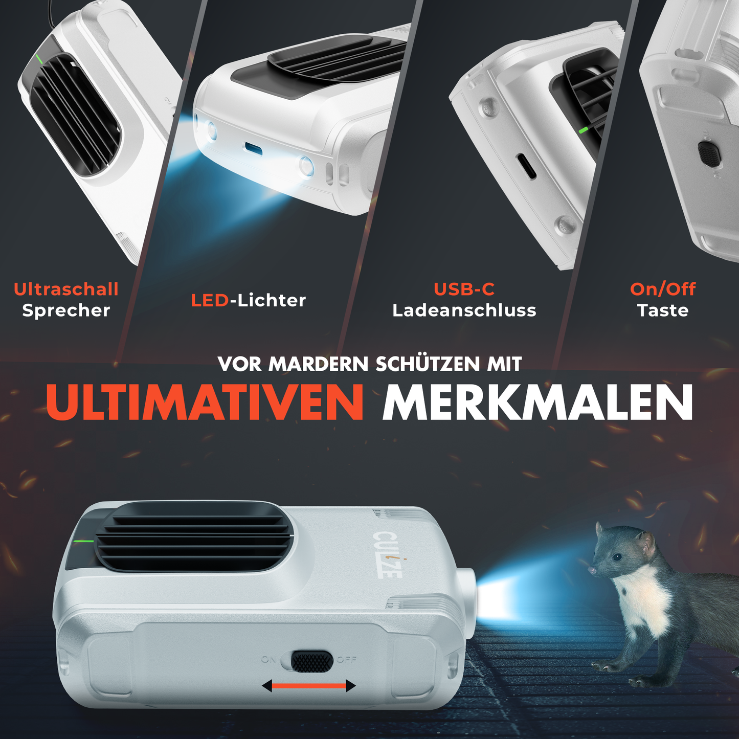CULiZE Ultraschall Marderschreck 3-fach System mit Gewöhnungsschutz für bis zu 100m². Marderabwehr mit Bewegungsmelder & Dreifach-Abwehr. Marderschutz für Fahrzeug, Dachboden, Zuhause, Garage, Keller, Gartenhaus