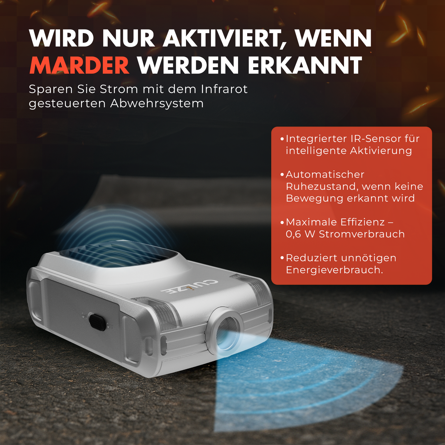 CULiZE Ultraschall Marderschreck 3-fach System mit Gewöhnungsschutz für bis zu 100m². Marderabwehr mit Bewegungsmelder & Dreifach-Abwehr. Marderschutz für Fahrzeug, Dachboden, Zuhause, Garage, Keller, Gartenhaus