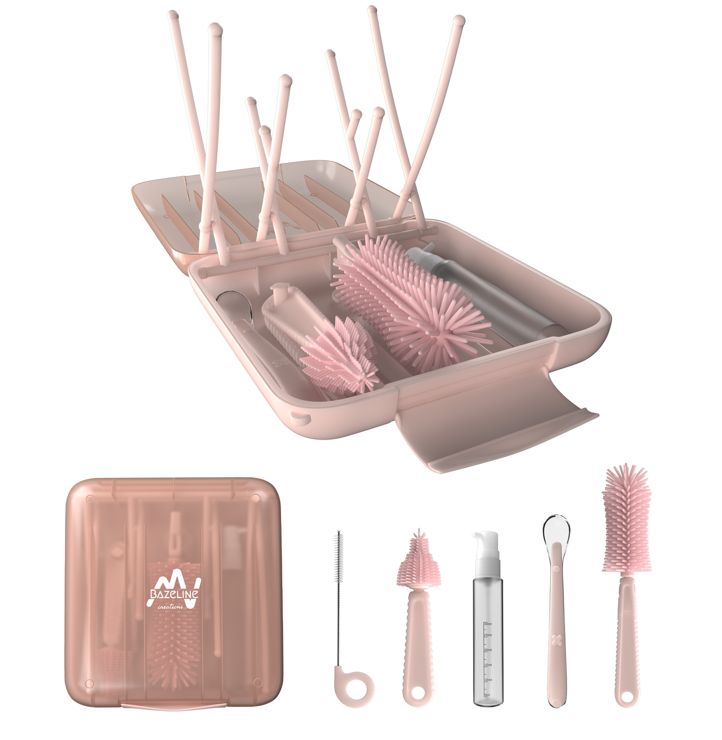 BAZELINE CREATIONS Baby Flaschen Pflege Set 7-teilig: Silikonbürste, Nuckel-Bürste, Strohhalm-Bürste, Seifenspender, Löffel, Trockenhalter & Aufbewahrungsbox – Reise Zubehör (Blau)