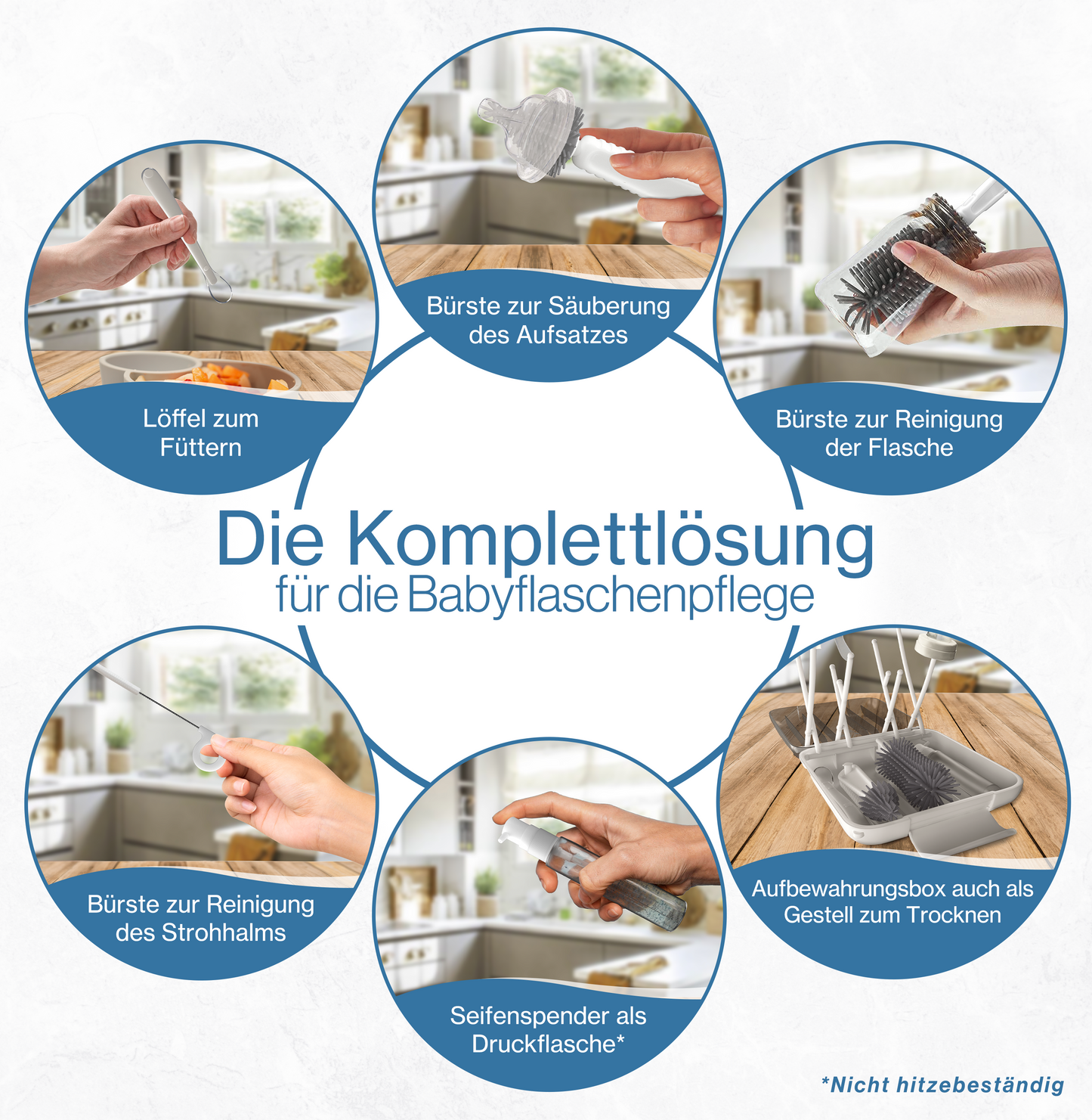 BAZELINE CREATIONS Baby Flaschen Pflege Set 7-teilig: Silikonbürste, Nuckel-Bürste, Strohhalm-Bürste, Seifenspender, Löffel, Trockenhalter & Aufbewahrungsbox – Reise Zubehör (Blau)