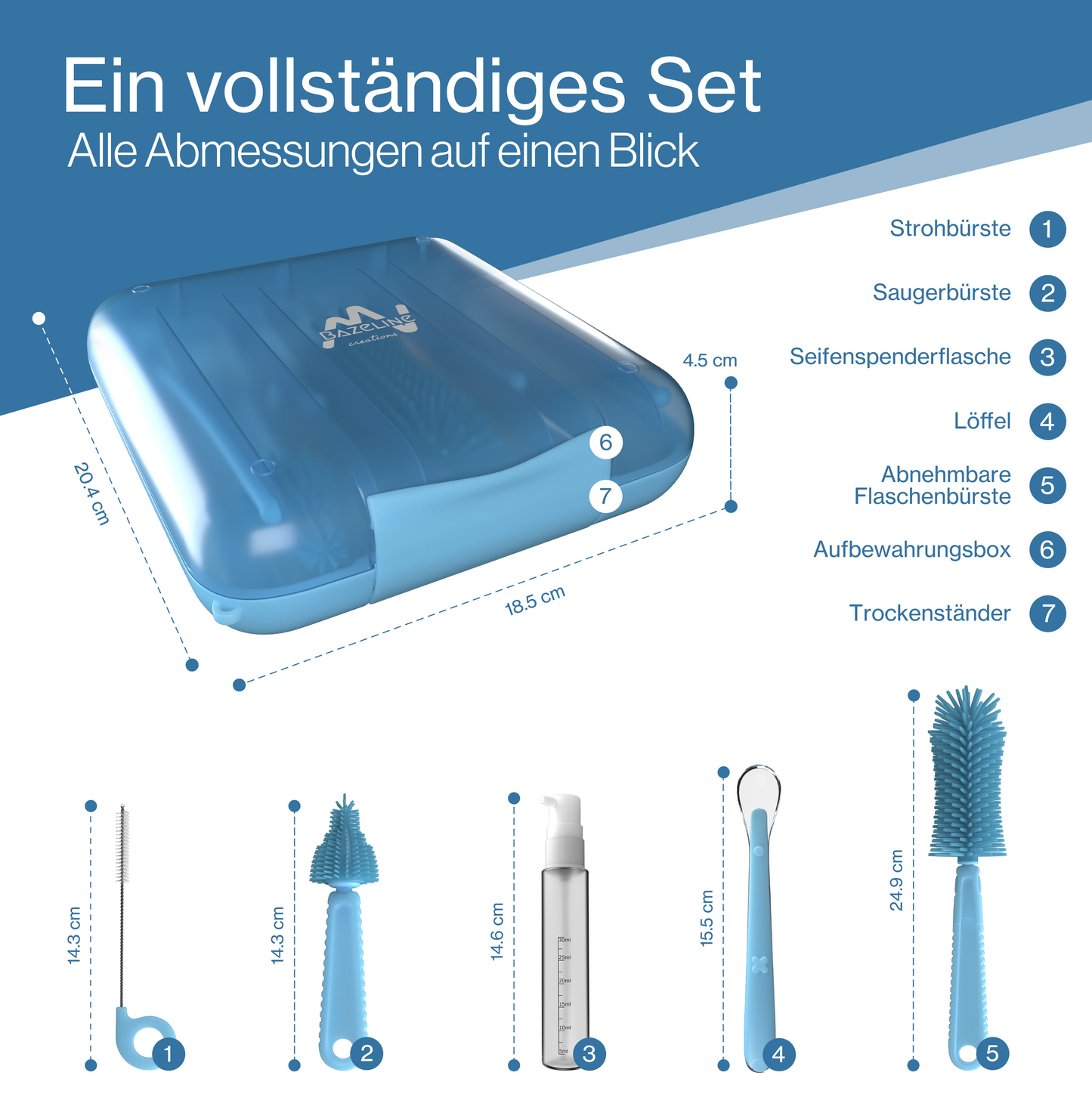 BAZELINE CREATIONS Baby Flaschen Pflege Set 7-teilig: Silikonbürste, Nuckel-Bürste, Strohhalm-Bürste, Seifenspender, Löffel, Trockenhalter & Aufbewahrungsbox – Reise Zubehör (Blau)