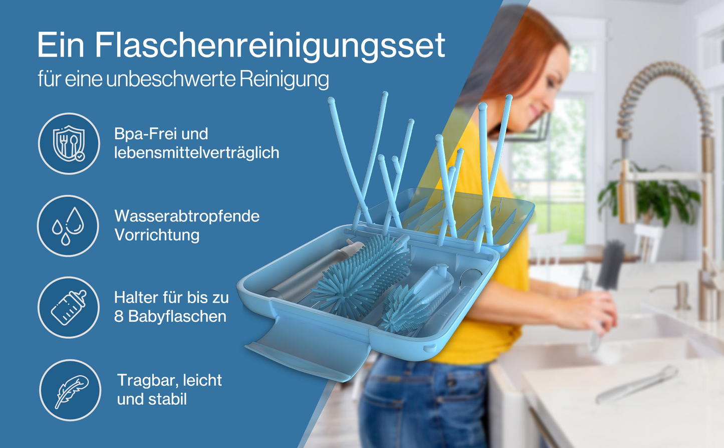 BAZELINE CREATIONS Baby Flaschen Pflege Set 7-teilig: Silikonbürste, Nuckel-Bürste, Strohhalm-Bürste, Seifenspender, Löffel, Trockenhalter & Aufbewahrungsbox – Reise Zubehör (Blau)