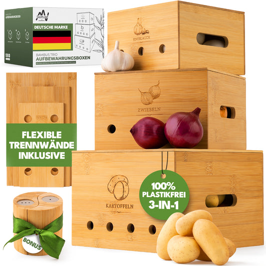 BAZELINE CREATIONS® Bambus Vorratsdosen Set [3-teilig] | Nachhaltige Küchen Organisationslösung | Perfekt für Kartoffel Lagerung, Zwiebel Lagerung und Knoblauch Lagerung