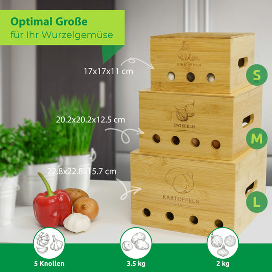 BAZELINE CREATIONS® Bambus Vorratsdosen Set [3-teilig] | Nachhaltige Küchen Organisationslösung | Perfekt für Kartoffel Lagerung, Zwiebel Lagerung und Knoblauch Lagerung