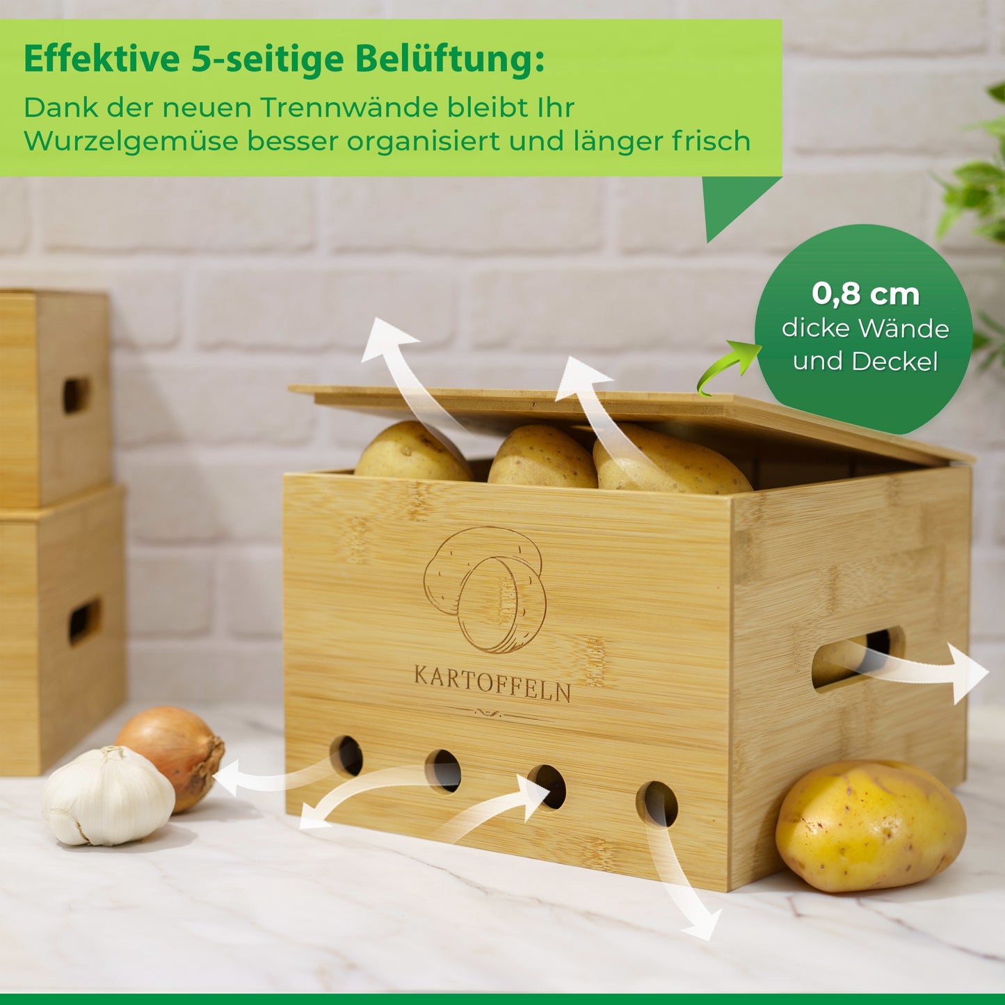 BAZELINE CREATIONS® Bambus Vorratsdosen Set [3-teilig] | Nachhaltige Küchen Organisationslösung | Perfekt für Kartoffel Lagerung, Zwiebel Lagerung und Knoblauch Lagerung