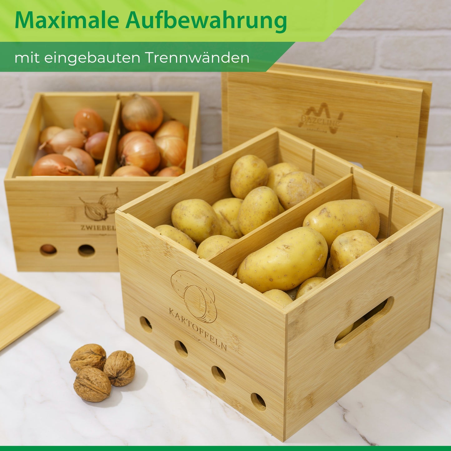 BAZELINE CREATIONS® Bambus Vorratsdosen Set [3-teilig] | Nachhaltige Küchen Organisationslösung | Perfekt für Kartoffel Lagerung, Zwiebel Lagerung und Knoblauch Lagerung