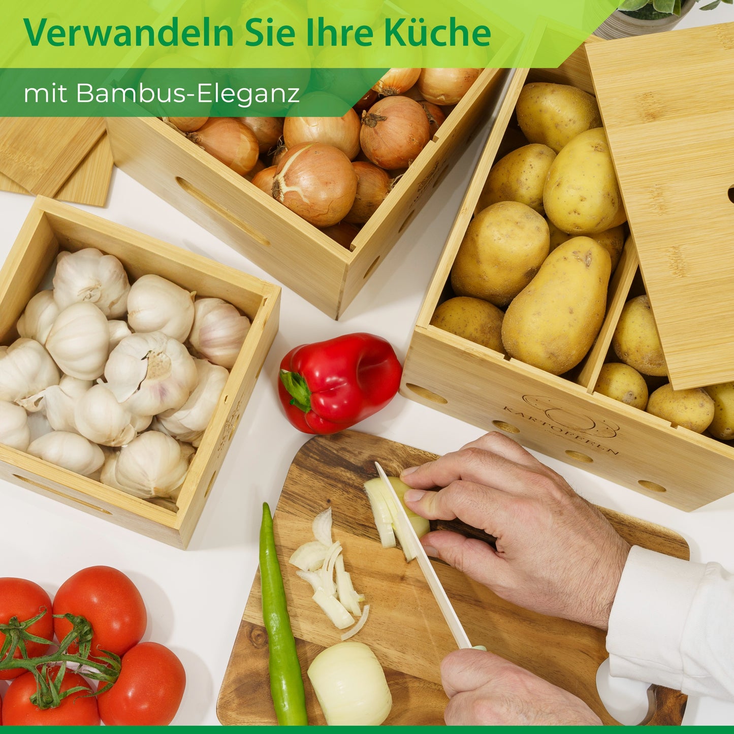 BAZELINE CREATIONS® Bambus Vorratsdosen Set [3-teilig] | Nachhaltige Küchen Organisationslösung | Perfekt für Kartoffel Lagerung, Zwiebel Lagerung und Knoblauch Lagerung