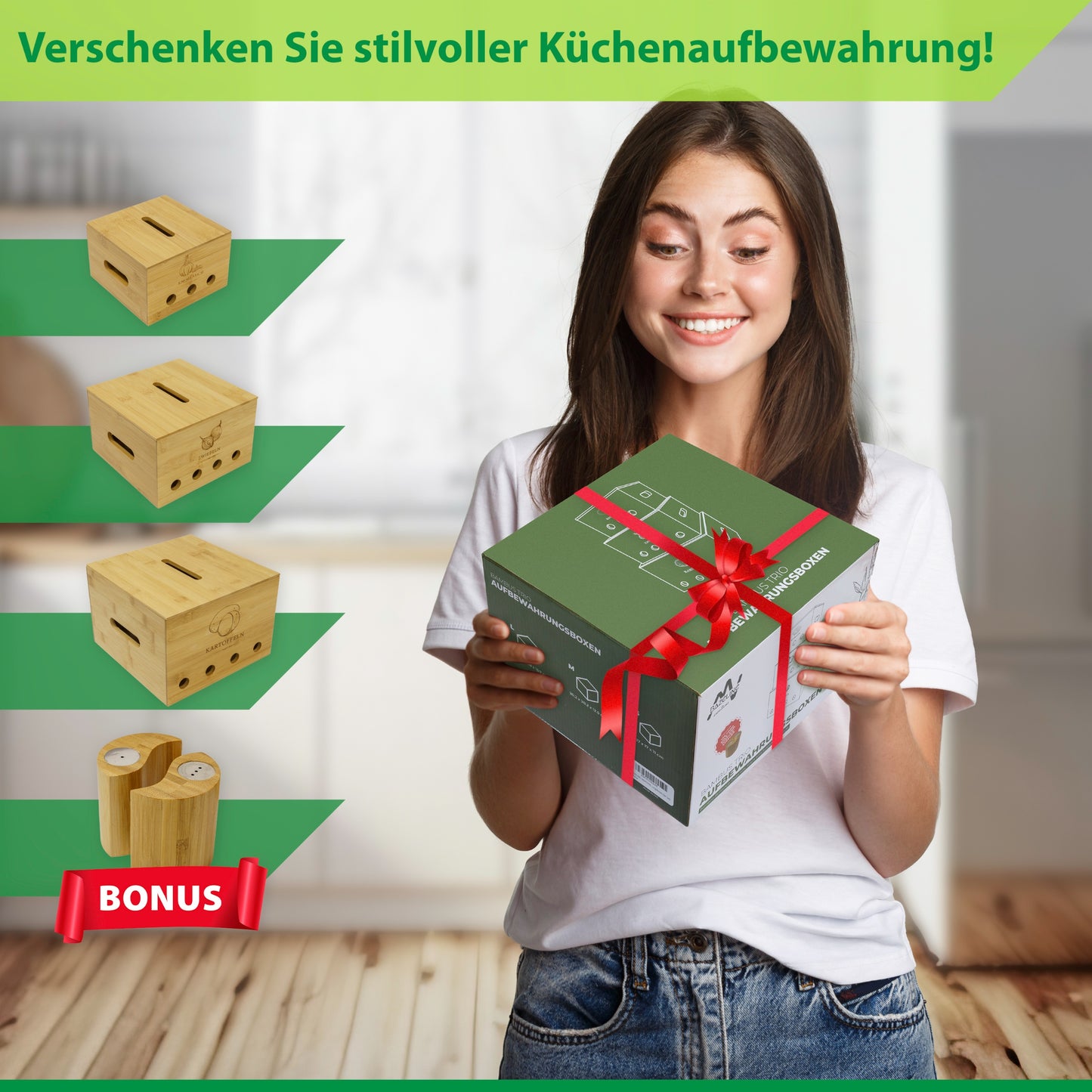 BAZELINE CREATIONS® Bambus Vorratsdosen Set [3-teilig] | Nachhaltige Küchen Organisationslösung | Perfekt für Kartoffel Lagerung, Zwiebel Lagerung und Knoblauch Lagerung