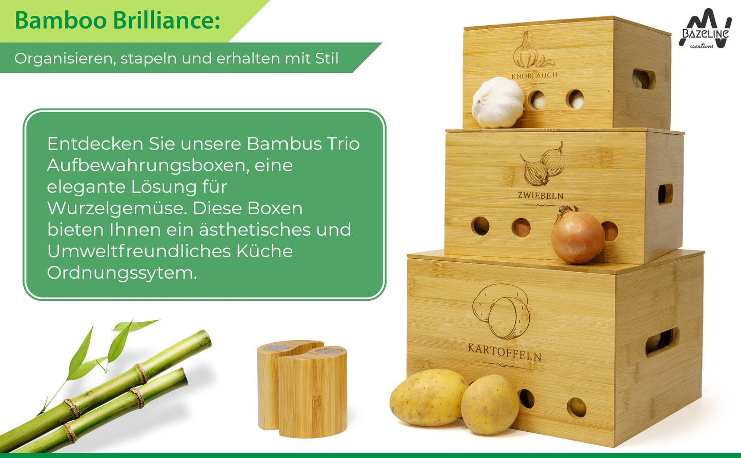 BAZELINE CREATIONS® Bambus Vorratsdosen Set [3-teilig] | Nachhaltige Küchen Organisationslösung | Perfekt für Kartoffel Lagerung, Zwiebel Lagerung und Knoblauch Lagerung