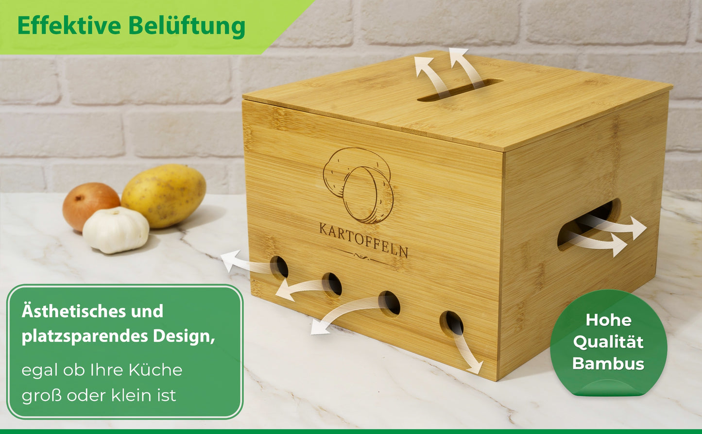 BAZELINE CREATIONS® Bambus Vorratsdosen Set [3-teilig] | Nachhaltige Küchen Organisationslösung | Perfekt für Kartoffel Lagerung, Zwiebel Lagerung und Knoblauch Lagerung