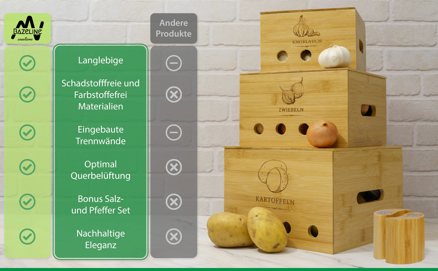 BAZELINE CREATIONS® Bambus Vorratsdosen Set [3-teilig] | Nachhaltige Küchen Organisationslösung | Perfekt für Kartoffel Lagerung, Zwiebel Lagerung und Knoblauch Lagerung