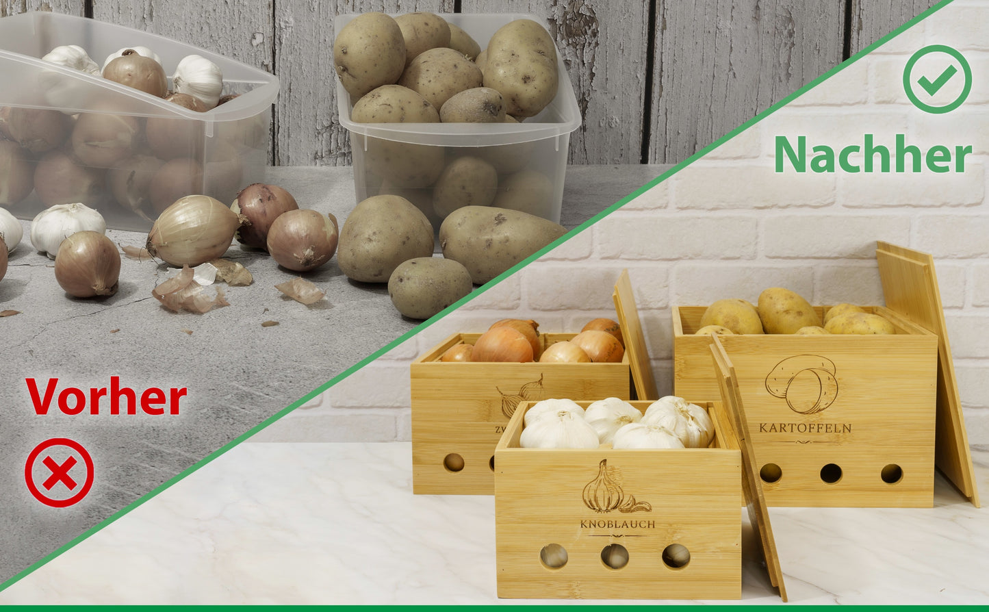 BAZELINE CREATIONS® Bambus Vorratsdosen Set [3-teilig] | Nachhaltige Küchen Organisationslösung | Perfekt für Kartoffel Lagerung, Zwiebel Lagerung und Knoblauch Lagerung