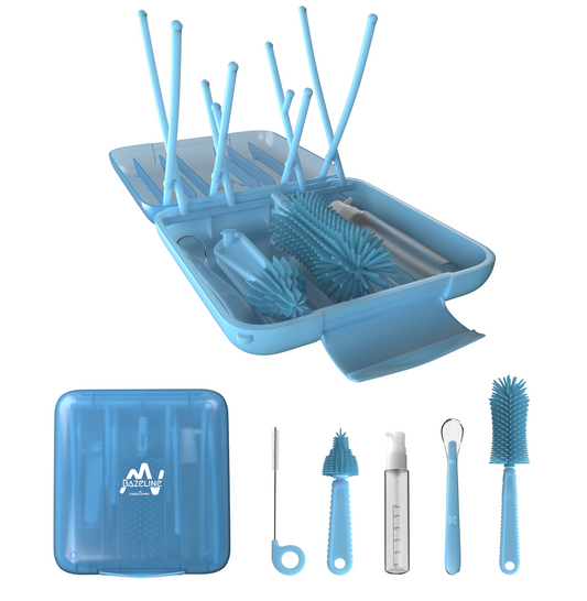 BAZELINE CREATIONS Baby Flaschen Pflege Set 7-teilig: Silikonbürste, Nuckel-Bürste, Strohhalm-Bürste, Seifenspender, Löffel, Trockenhalter & Aufbewahrungsbox – Reise Zubehör (Blau)