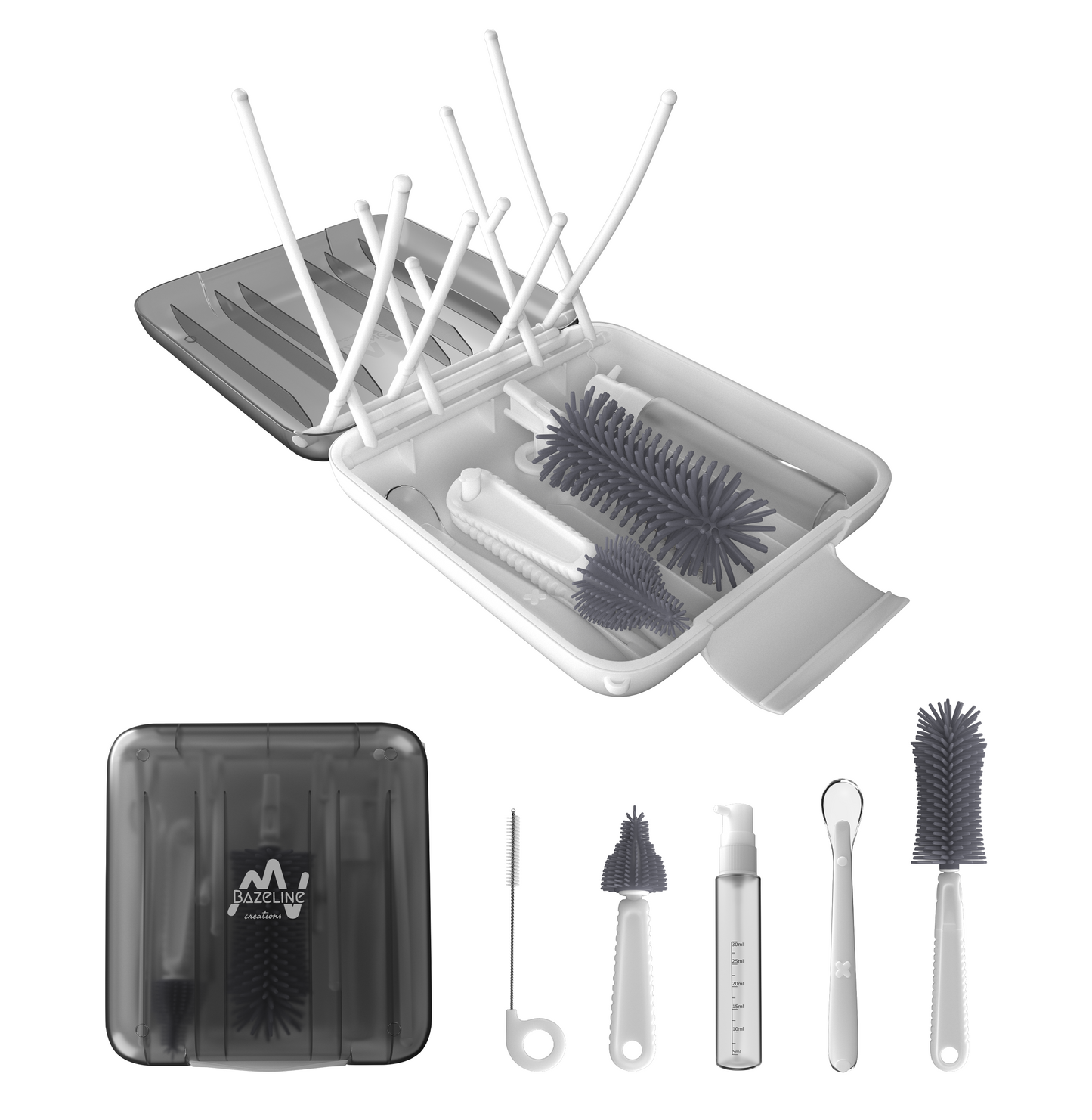 BAZELINE CREATIONS Baby Flaschen Pflege Set 7-teilig: Silikonbürste, Nuckel-Bürste, Strohhalm-Bürste, Seifenspender, Löffel, Trockenhalter & Aufbewahrungsbox – Reise Zubehör (Blau)