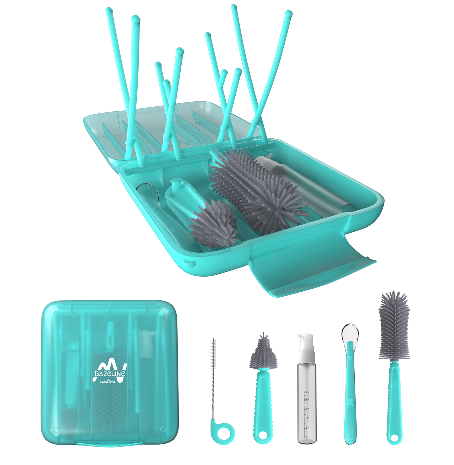 BAZELINE CREATIONS Baby Flaschen Pflege Set 7-teilig: Silikonbürste, Nuckel-Bürste, Strohhalm-Bürste, Seifenspender, Löffel, Trockenhalter & Aufbewahrungsbox – Reise Zubehör (Blau)