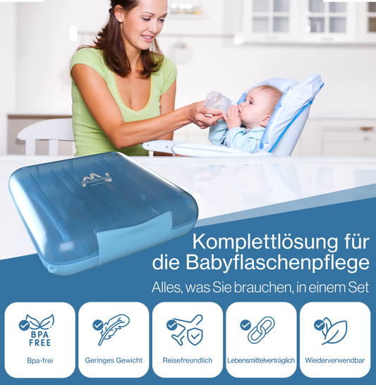 BAZELINE CREATIONS Baby Flaschen Pflege Set 7-teilig: Silikonbürste, Nuckel-Bürste, Strohhalm-Bürste, Seifenspender, Löffel, Trockenhalter & Aufbewahrungsbox – Reise Zubehör (Blau)