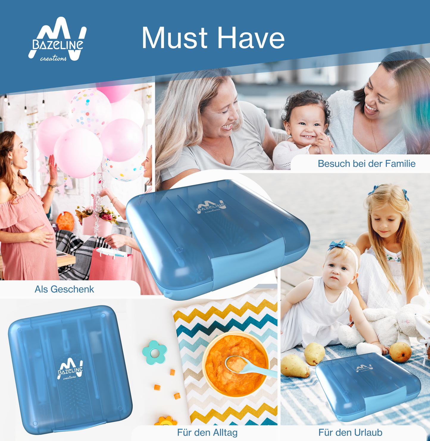 BAZELINE CREATIONS Baby Flaschen Pflege Set 7-teilig: Silikonbürste, Nuckel-Bürste, Strohhalm-Bürste, Seifenspender, Löffel, Trockenhalter & Aufbewahrungsbox – Reise Zubehör (Blau)