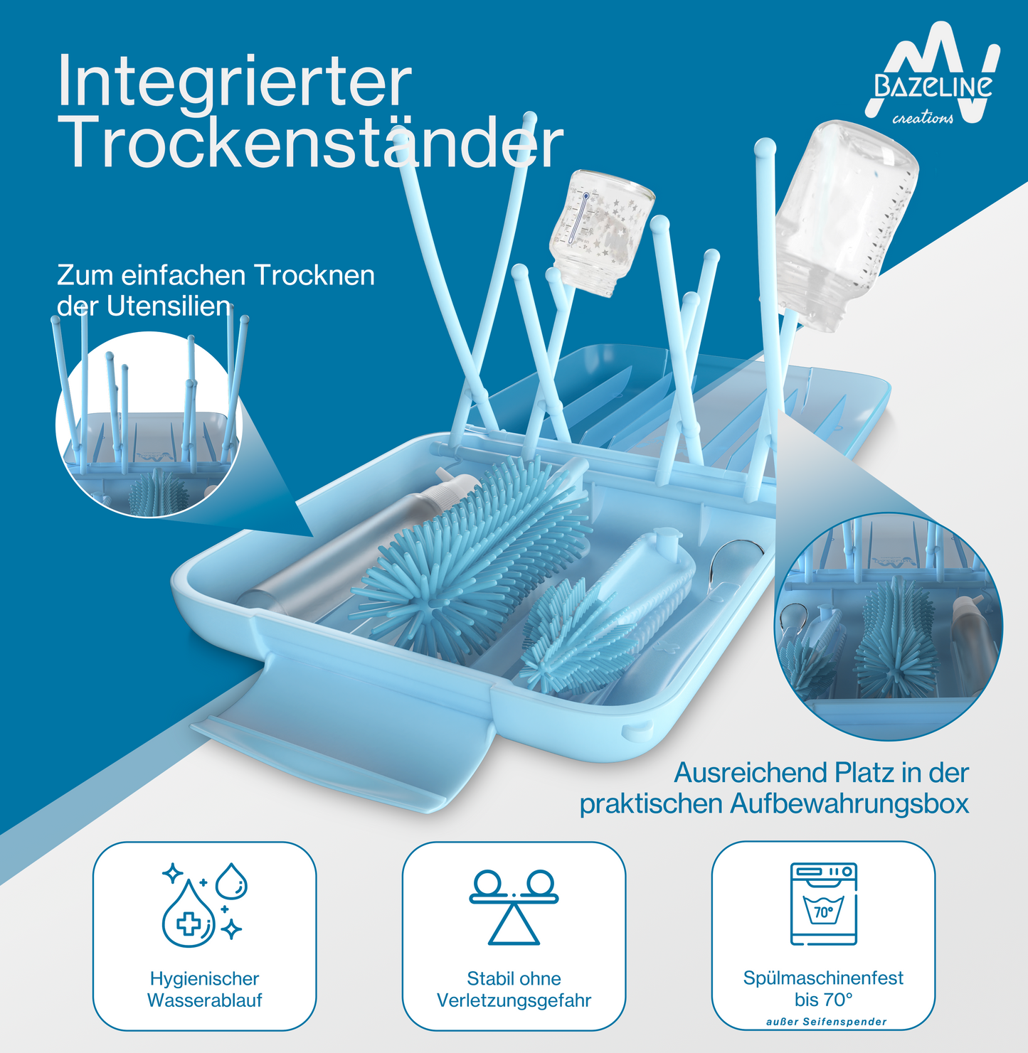 BAZELINE CREATIONS Baby Flaschen Pflege Set 7-teilig: Silikonbürste, Nuckel-Bürste, Strohhalm-Bürste, Seifenspender, Löffel, Trockenhalter & Aufbewahrungsbox – Reise Zubehör (Blau)