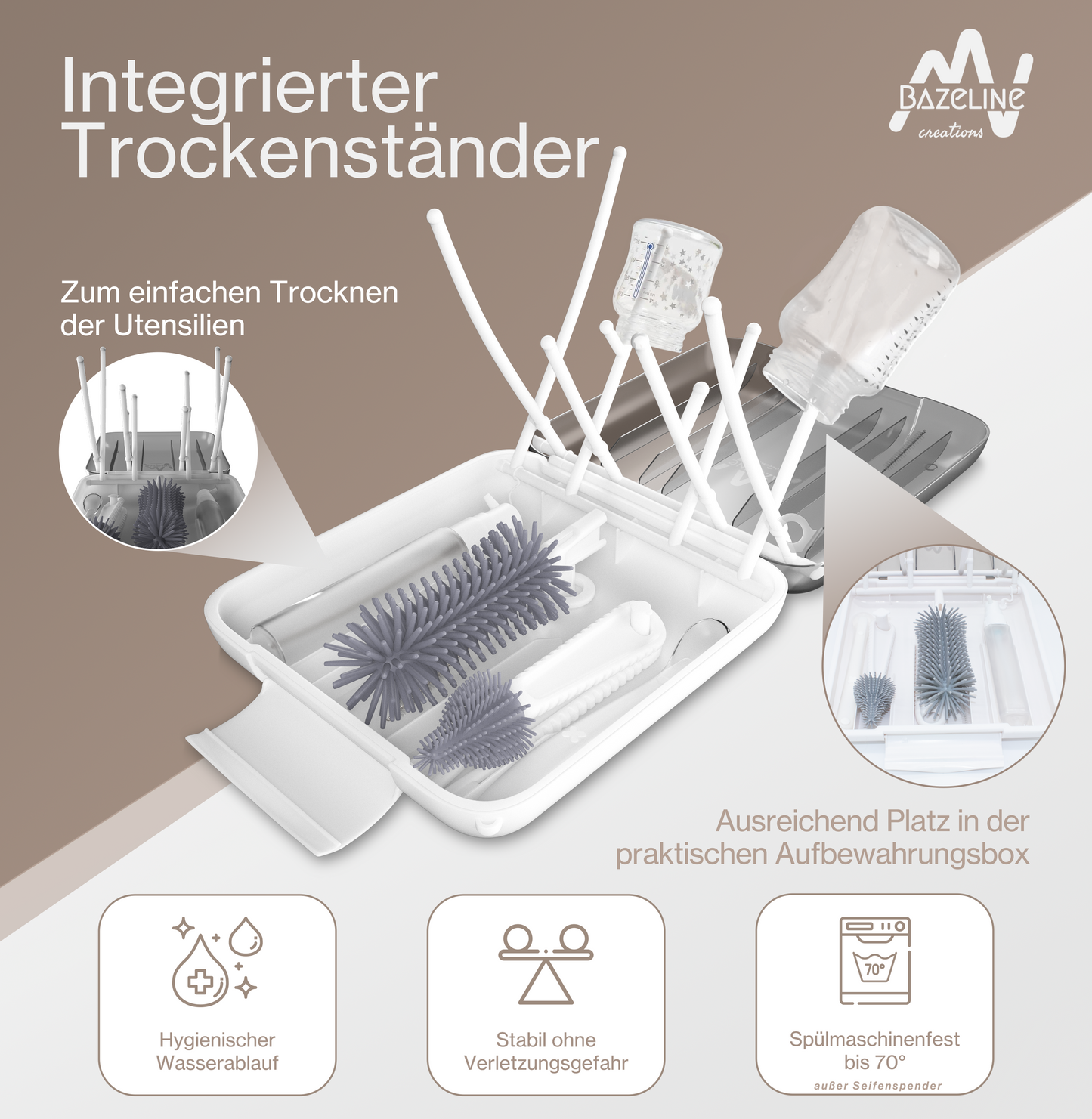 BAZELINE CREATIONS Baby Flaschen Pflege Set 7-teilig: Silikonbürste, Nuckel-Bürste, Strohhalm-Bürste, Seifenspender, Löffel, Trockenhalter & Aufbewahrungsbox – Reise Zubehör (Blau)