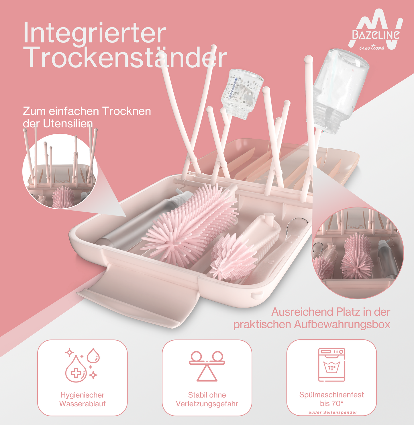 BAZELINE CREATIONS Baby Flaschen Pflege Set 7-teilig: Silikonbürste, Nuckel-Bürste, Strohhalm-Bürste, Seifenspender, Löffel, Trockenhalter & Aufbewahrungsbox – Reise Zubehör (Blau)