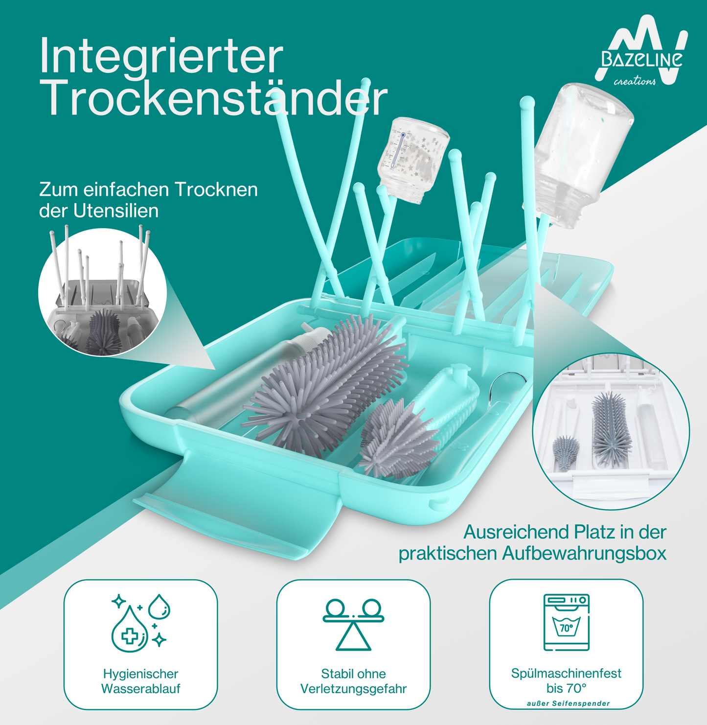 BAZELINE CREATIONS Baby Flaschen Pflege Set 7-teilig: Silikonbürste, Nuckel-Bürste, Strohhalm-Bürste, Seifenspender, Löffel, Trockenhalter & Aufbewahrungsbox – Reise Zubehör (Blau)