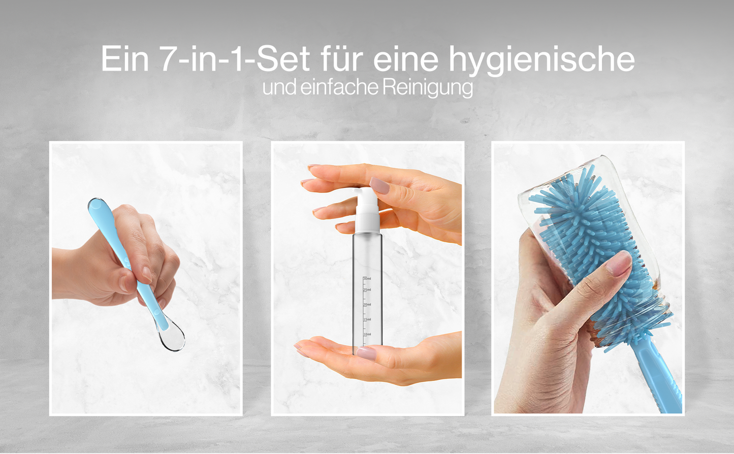 BAZELINE CREATIONS Baby Flaschen Pflege Set 7-teilig: Silikonbürste, Nuckel-Bürste, Strohhalm-Bürste, Seifenspender, Löffel, Trockenhalter & Aufbewahrungsbox – Reise Zubehör (Blau)