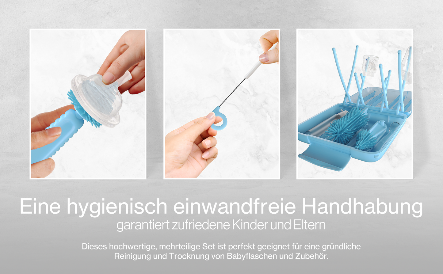 BAZELINE CREATIONS Baby Flaschen Pflege Set 7-teilig: Silikonbürste, Nuckel-Bürste, Strohhalm-Bürste, Seifenspender, Löffel, Trockenhalter & Aufbewahrungsbox – Reise Zubehör (Blau)