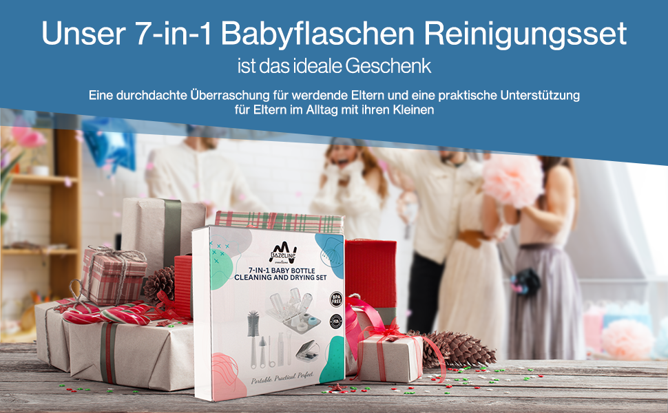 BAZELINE CREATIONS Baby Flaschen Pflege Set 7-teilig: Silikonbürste, Nuckel-Bürste, Strohhalm-Bürste, Seifenspender, Löffel, Trockenhalter & Aufbewahrungsbox – Reise Zubehör (Blau)