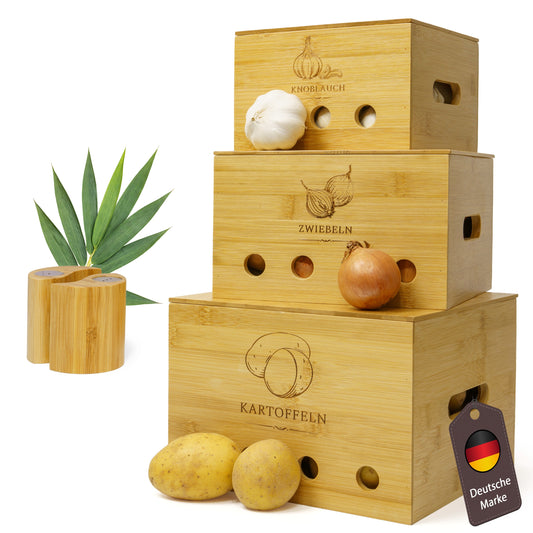 BAZELINE CREATIONS® Bambus Vorratsdosen Set [3-teilig] | Nachhaltige Küchen Organisationslösung | Perfekt für Kartoffel Lagerung, Zwiebel Lagerung und Knoblauch Lagerung